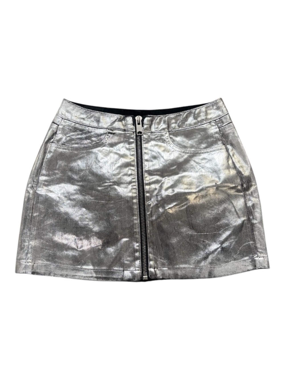 ALL SAINTS Cleo Metallic Silver Zip-Front Mini Skirt